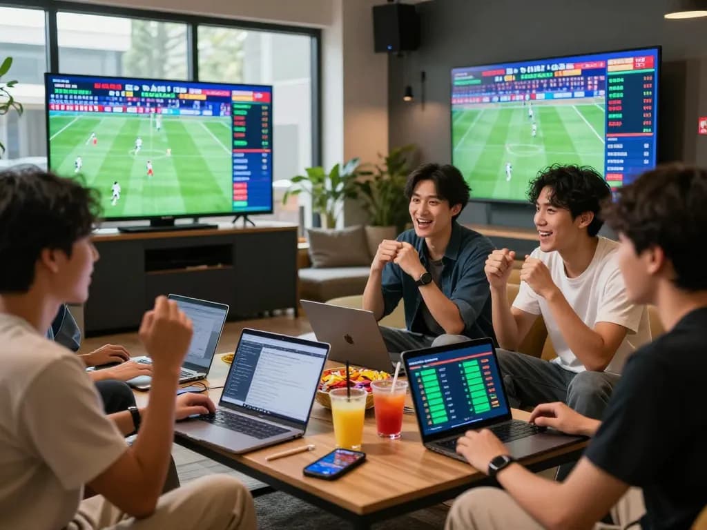 Kèo nhà cái betting analysis with friends discussing live sports events in a lively lounge.