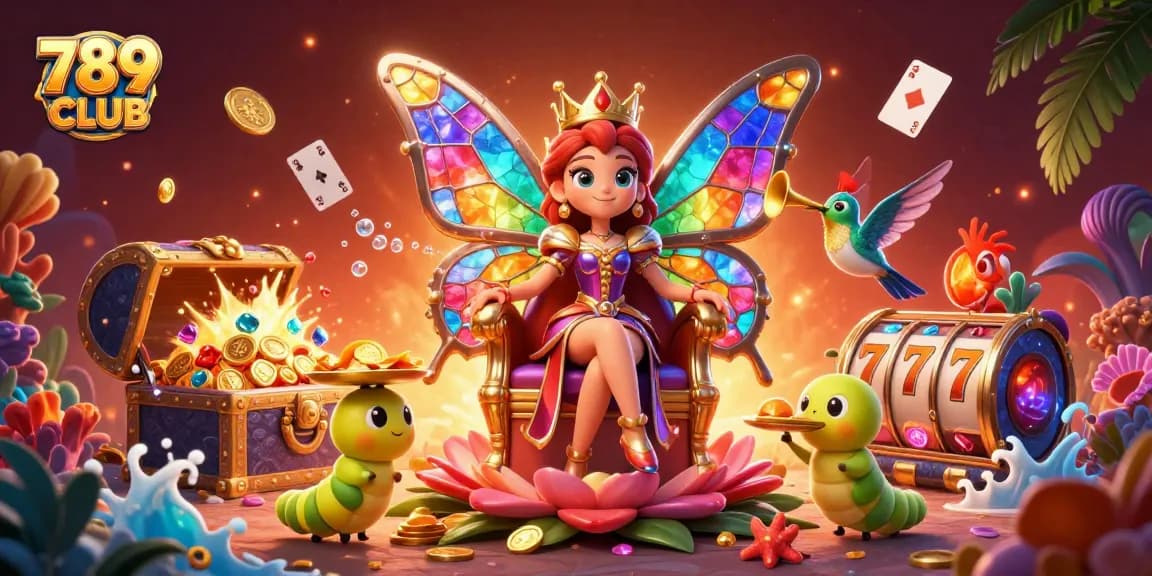 Experience 789 CLUB's vibrant casino environment with a butterfly queen and gaming elements.