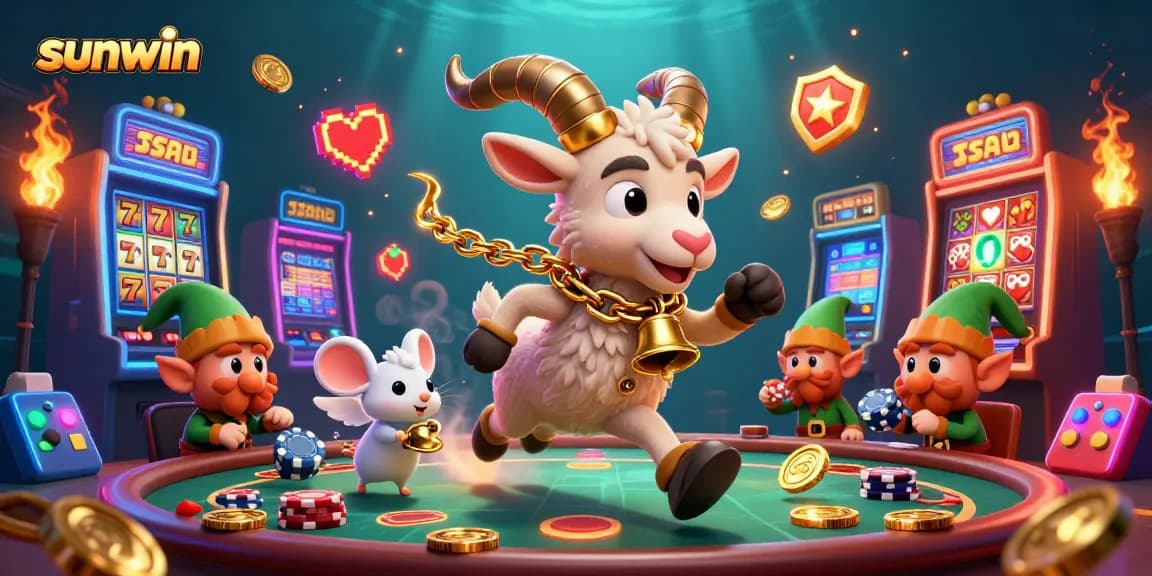 Experience sunwin's vibrant casino scene with cartoon characters, slot machines, and festive elements.