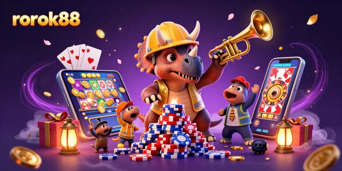 Celebrate winning at rokok88 with a triceratops building poker chip pyramids surrounded by dynamic gambling elements.