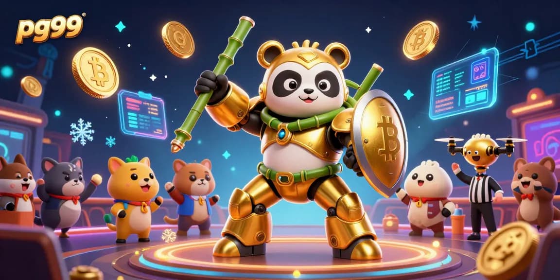 Experience thrilling gaming at pg99 with a panda-powered mech battling in a vibrant casino.