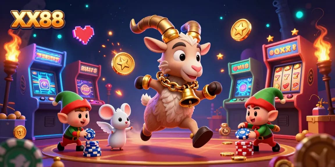 Experience the excitement of XX88 with Krampus and whimsical characters in a vibrant casino scene.