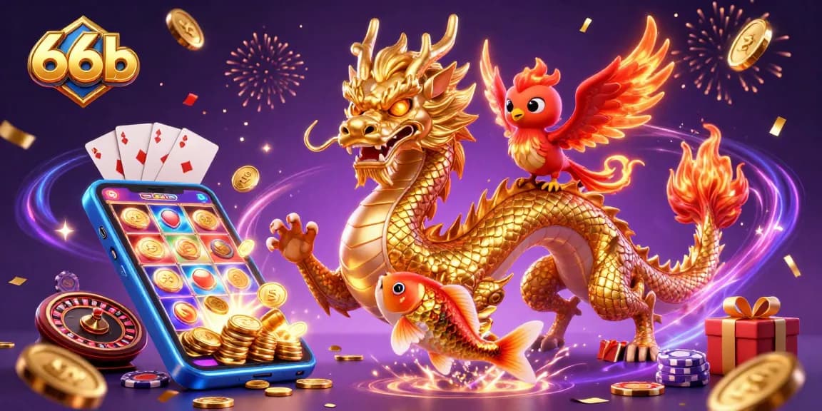 Experience thrilling gameplay at 66b with a vibrant, celebratory casino scene featuring a golden dragon and treasures.