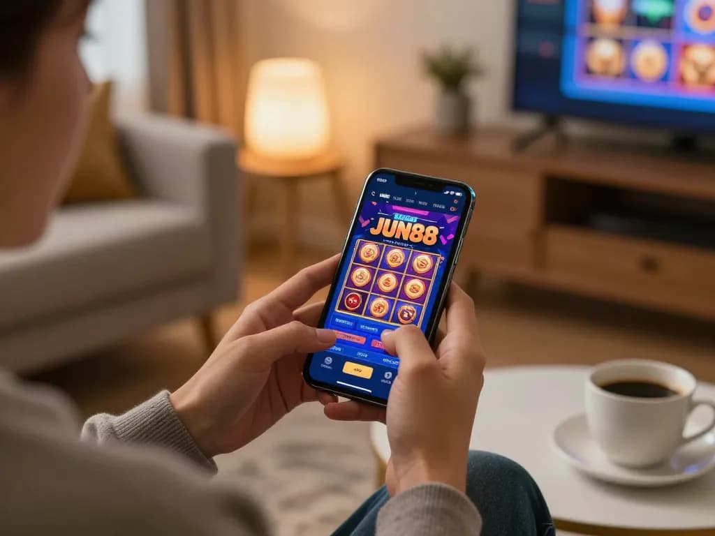 Explore JUN88 mobile gaming with a user engaging on a smartphone in a cozy living space.