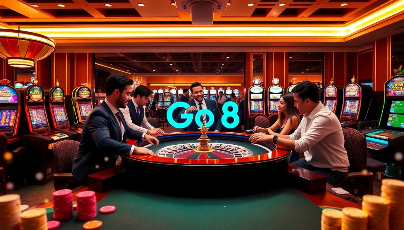 Exciting Go8 casino scene featuring players engaged in roulette and slot machines.