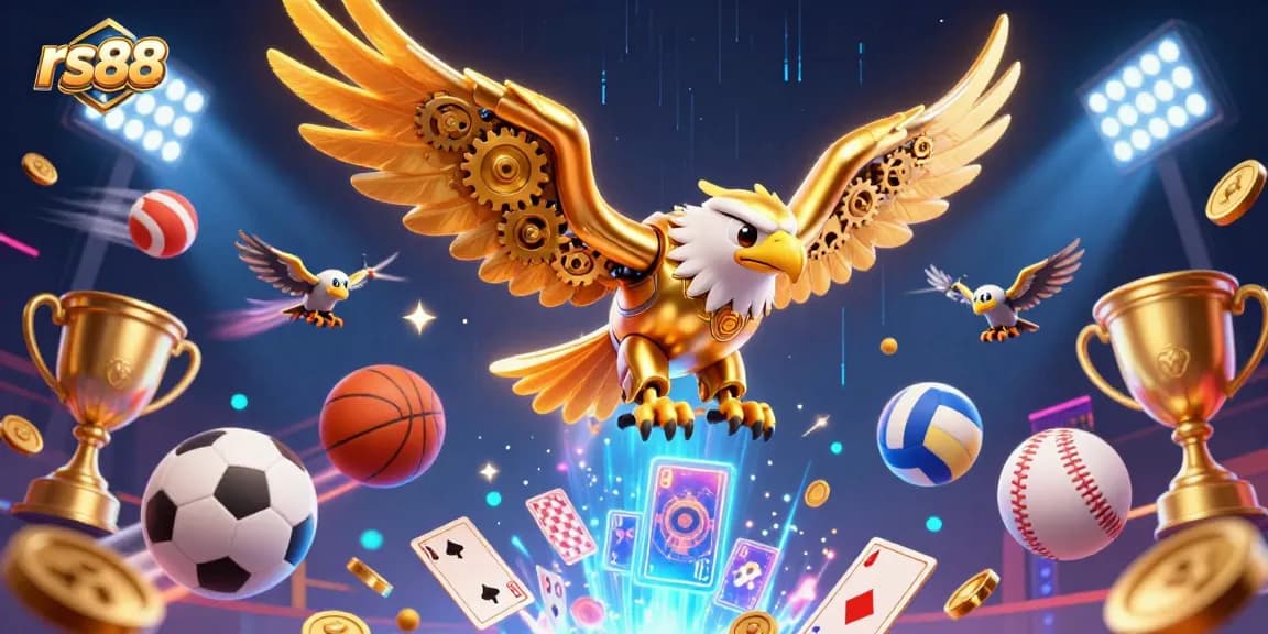 Experience thrilling gameplay with rs88, featuring a golden eagle diving through holographic cards.