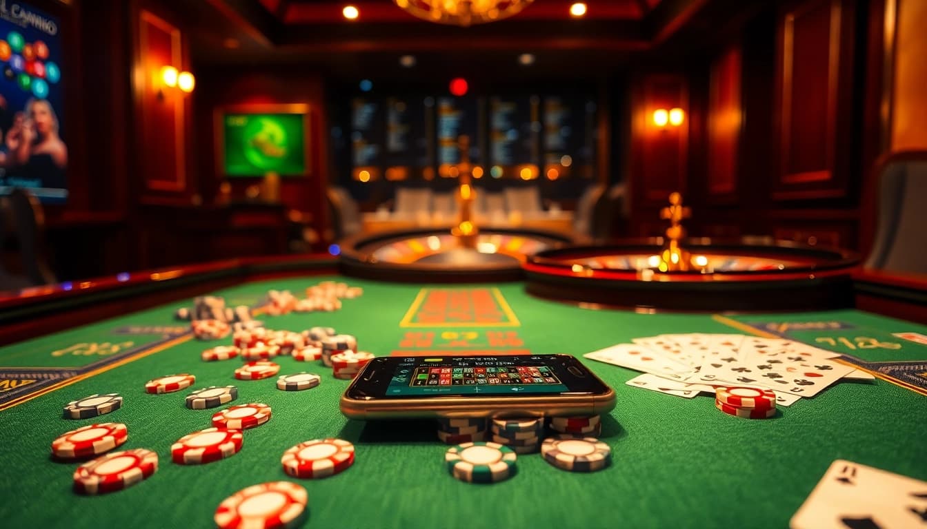 Vibrant casino scene showcasing high-stakes gaming at trang chủ kkwin with poker chips and roulette.