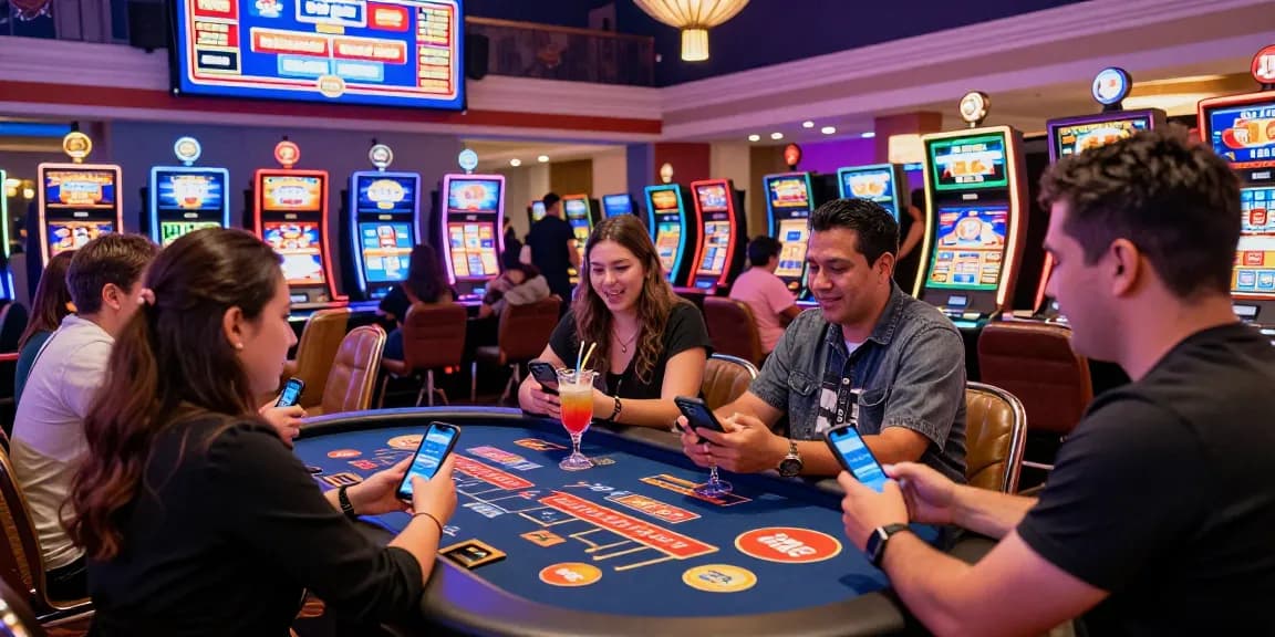 Enjoying credit card casinos at https://eatm.org.uk with diverse players, vibrant lights, and casino games.