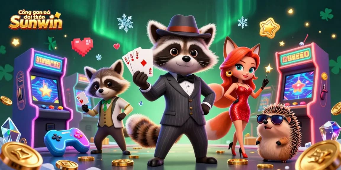 Cổng game bài đổi thưởng Sunwin showcases a raccoon gambler with a royal flush, surrounded by vibrant gaming elements.