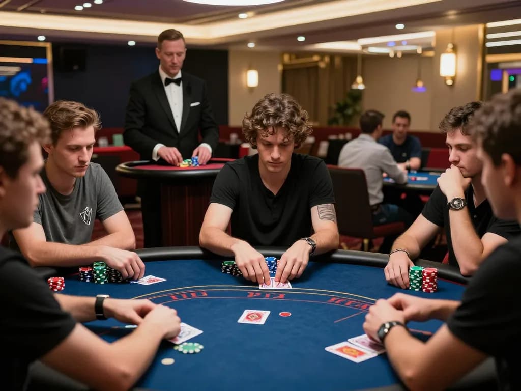 Players engaging intensely in a Texas Hold'em game at the poker table, featuring taisunwin strategies in action.