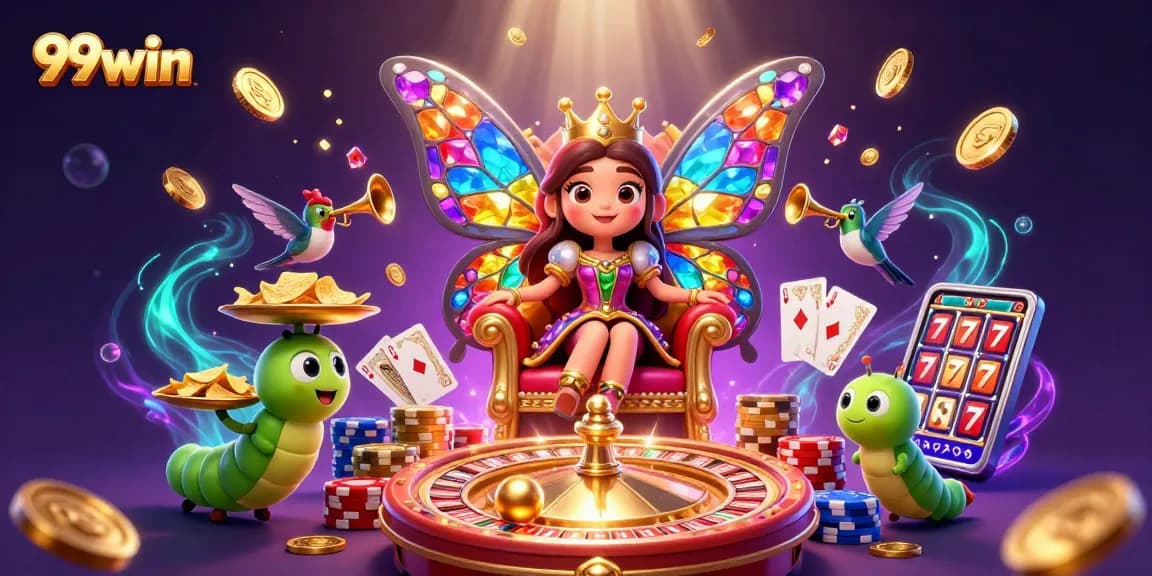 Win big with 99win: An enchanting casino scene filled with butterflies and gold coins.