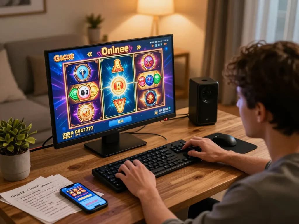 Playing slot gacor 777 online on a tablet while surrounded by gaming notes and strategy.