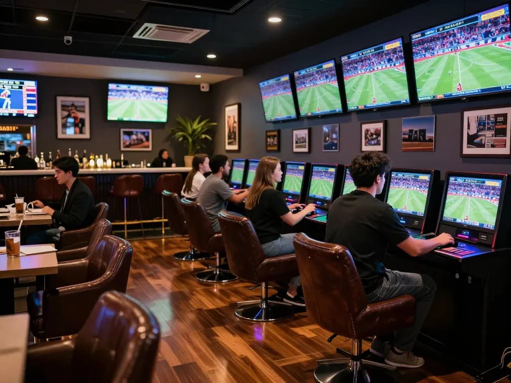 Kèo nhà cái sports betting scene with enthusiasts analyzing live scores in an upscale lounge.
