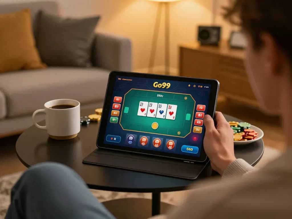 Engaging gameplay on Go99 casino app showcasing a player strategizing in a cozy environment.