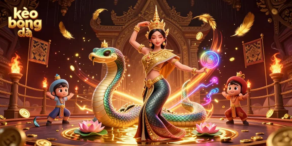 Bet on kèo bóng đá with a dynamic scene of a Thai dancer and a Naga serpent amidst glowing casino elements.