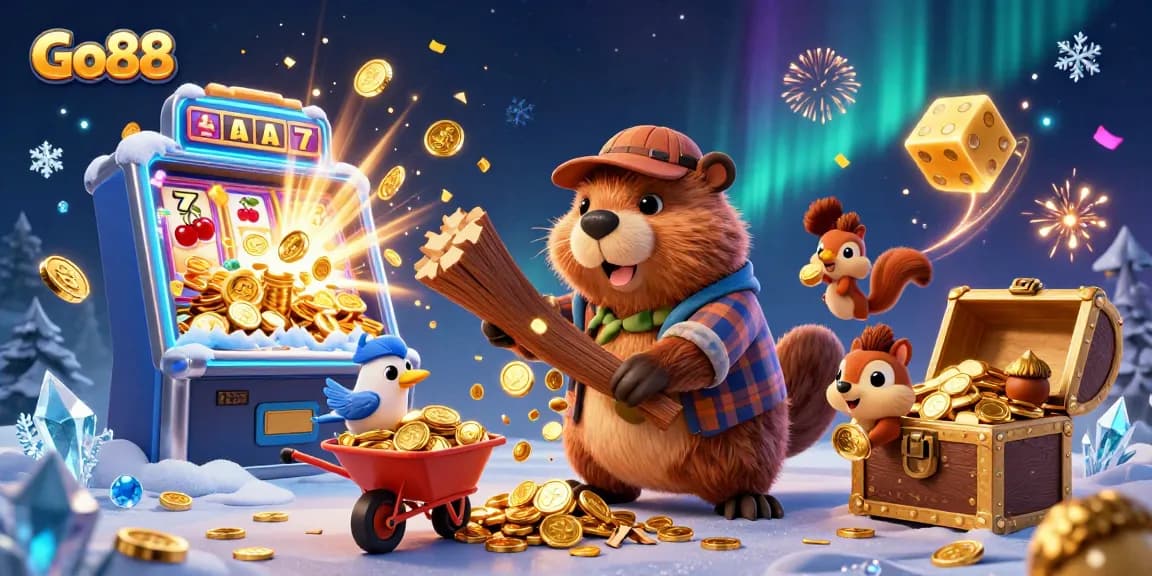 Win at Go88 with a beaver collecting gold coins amid vibrant casino game elements.