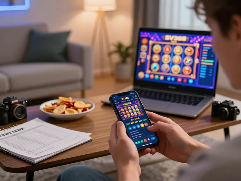 Player enjoying online casino gaming on SV368 app in a cozy living room.