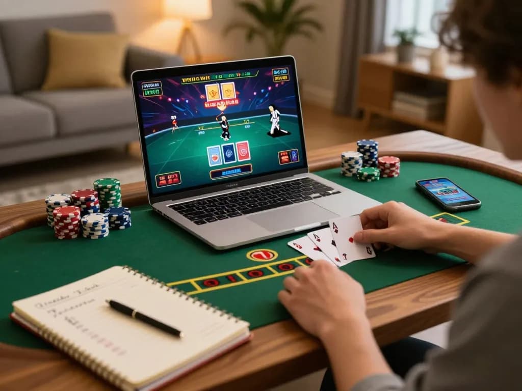 79KING player engaging in live dealer blackjack from home, showcasing strategic betting in cozy setting