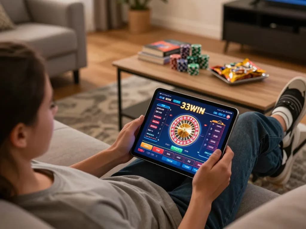 Engaging with the 33win casino app on a tablet, enjoying online betting from home.