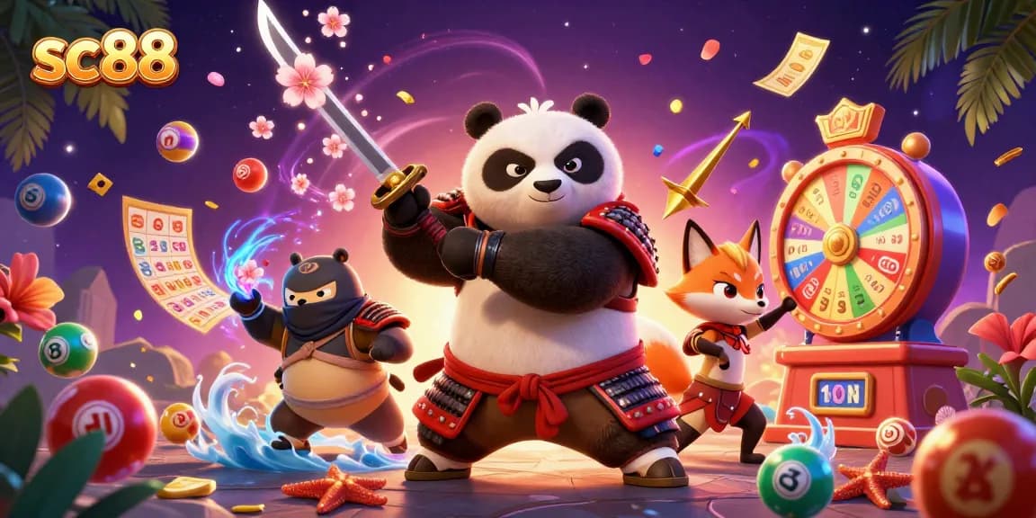 Experience thrilling gameplay at sc88 with a cartoonish samurai panda and ninja fox amidst colorful slot game elements.