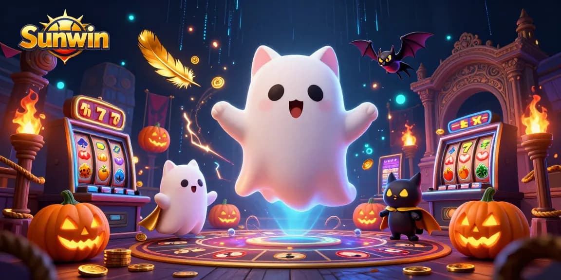 Spin and win with Sunwin's lively casino game scene featuring ghost cat and vibrant slots.