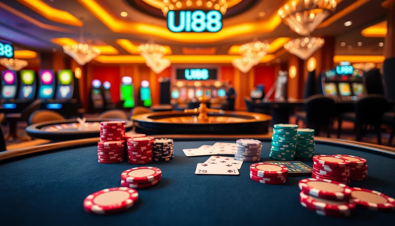 Experience high-stakes excitement at UU88 casino with vibrant poker chips and a lively poker table.