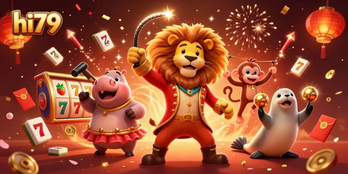 hi79 showcases vibrant casino excitement with cartoon characters, slot reels, and festive decorations