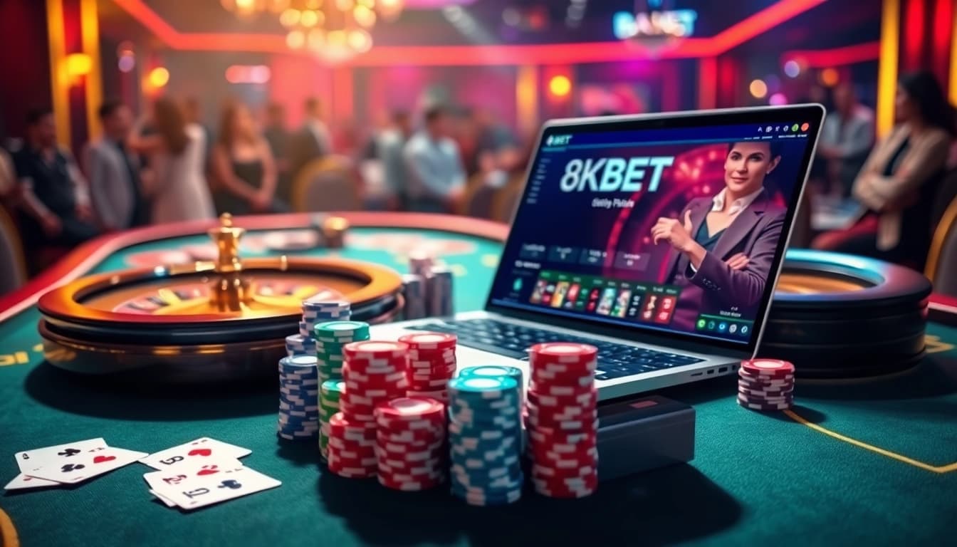Experience the excitement of betting at 8kbet.insure with vibrant poker chips and a roulette wheel.