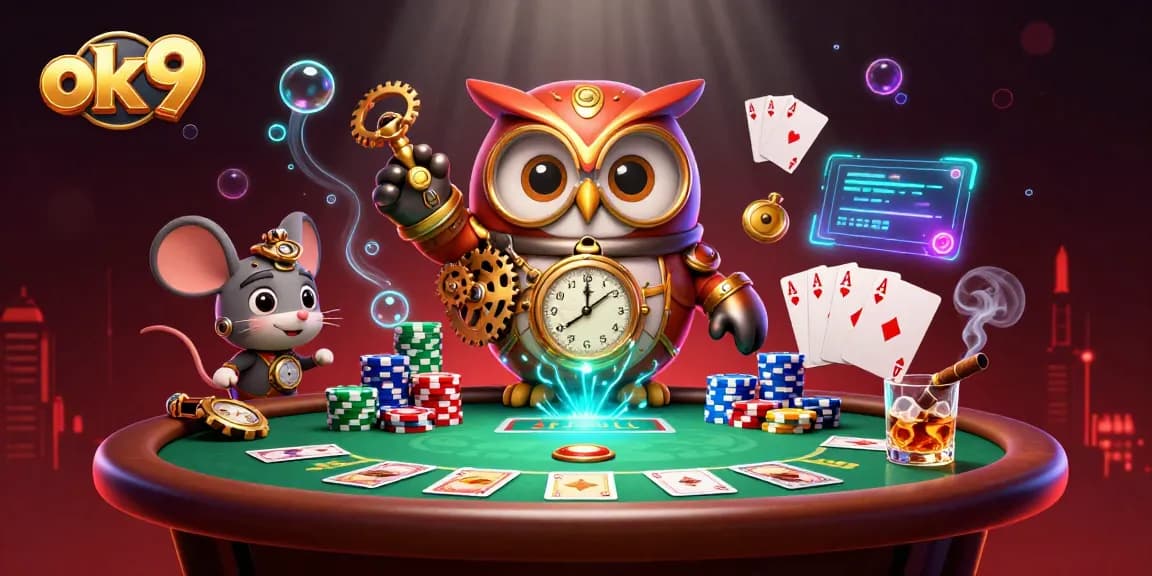 ok 9 engages players in an exciting poker scene with a time-traveler owl and vibrant casino elements