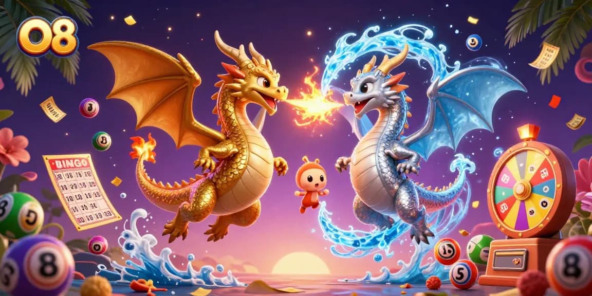 Engage with O8 gaming excitement featuring a dynamic scene of winning lottery symbols and vibrant dragons.