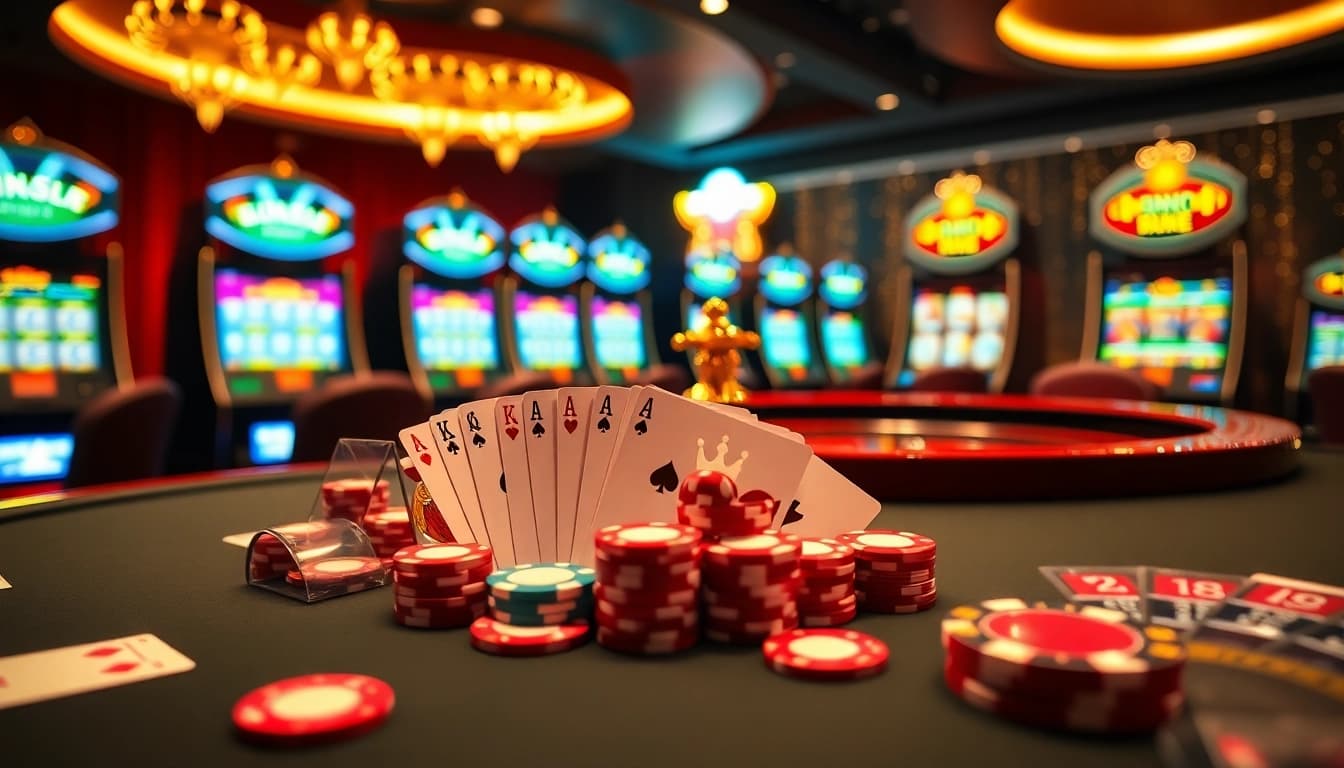 Experience King88's vibrant casino atmosphere with an engaging poker setup and glowing slot machines.
