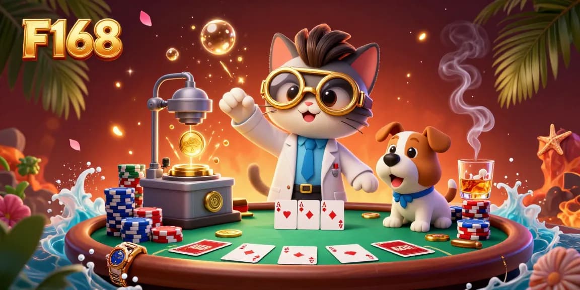 Experience F168's thrilling poker scene with vibrant characters and dynamic casino elements.