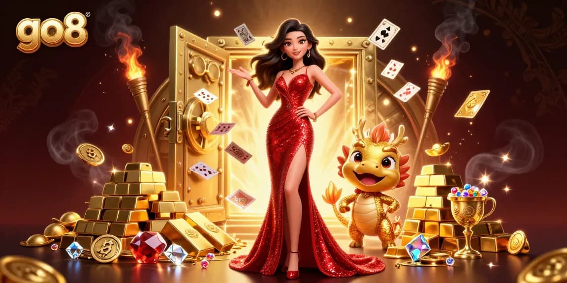 Experience thrilling moments at go8 with a glamorous Asian woman inviting players to win big in a vibrant casino scene.