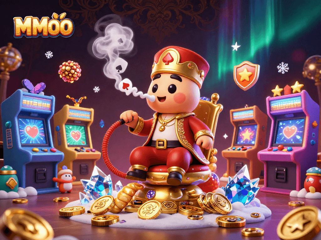 Engage with MMOO in a vibrant 3D cartoon scene of casino and gaming elements.