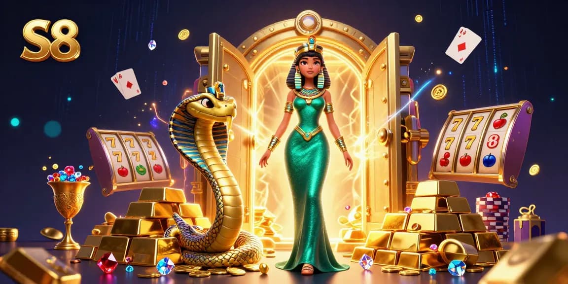 Engage in S8 slots and poker action with an enchanting scene of gold and jewels.