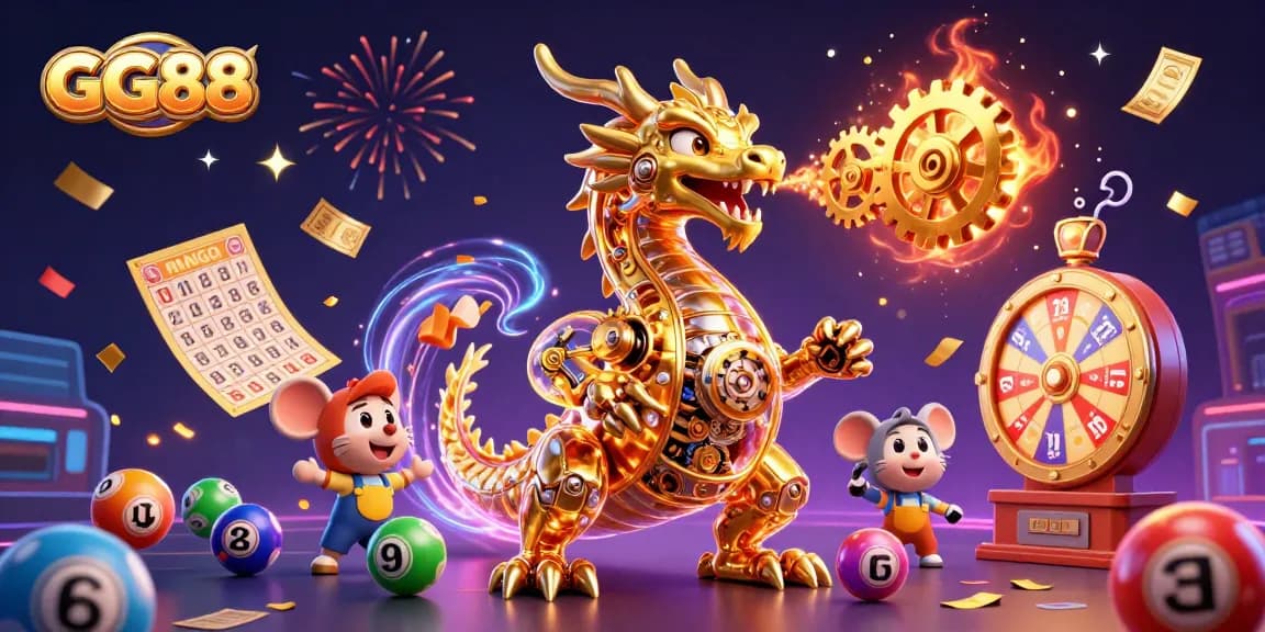 Experience thrilling casino moments with GG88 as vibrant lottery elements surround a golden dragon.