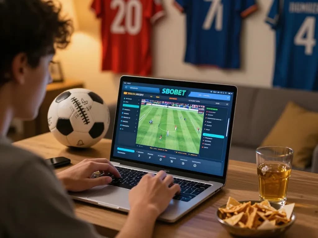 SBOBET sports betting interface displayed on a laptop during a home game night, capturing excitement.