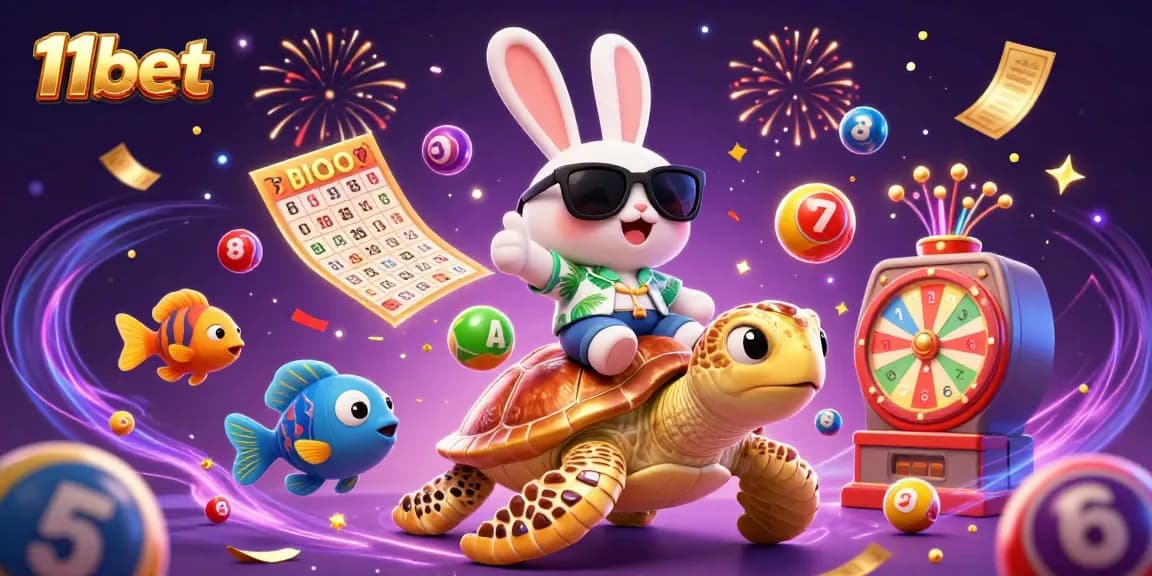 Join the fun at 11bet with a colorful 3D scene full of lottery excitement and gambling action.