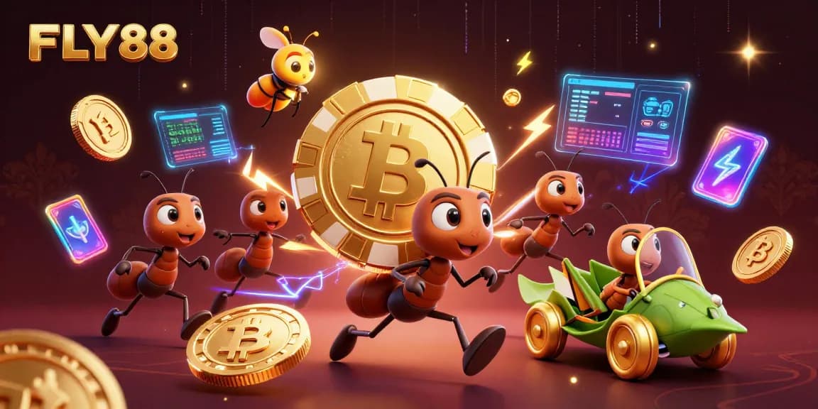 Engage with FLY88's vibrant gaming universe featuring animated ants on a heist adventure.