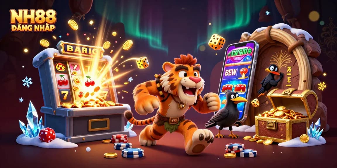 Engage with NH88 ĐĂNG NHẬP at a vibrant prehistoric casino, featuring a caveman duo, rich visuals, and dynamic gaming elements.