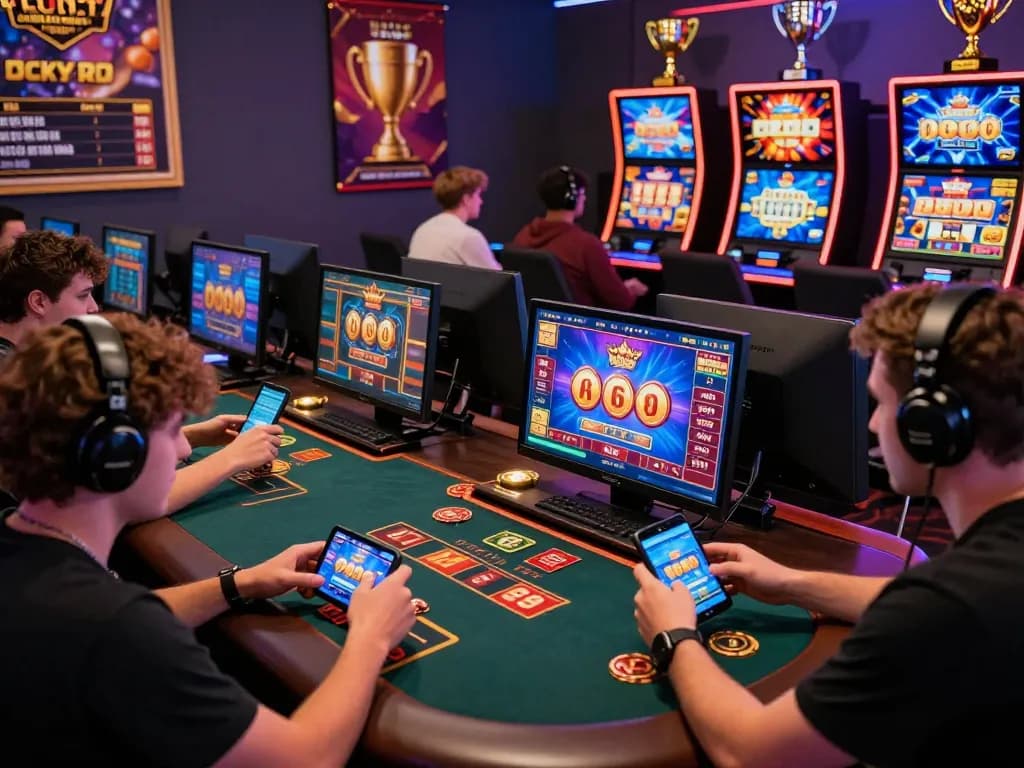 Exciting online gaming atmosphere with Luckywin players engaging in casino games and showcasing vibrant digital graphics.