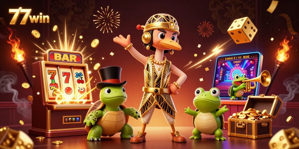 Experience thrilling wins at 77win with a dynamic casino scene featuring vibrant games and characters.
