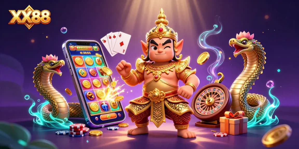 Engage with XX88's vibrant gaming scene featuring a guardian and dynamic casino elements.