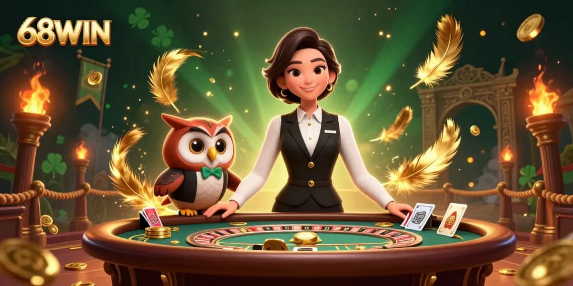 Experience the thrill of gaming at 68WIN with elegant dealers and vibrant casino elements.