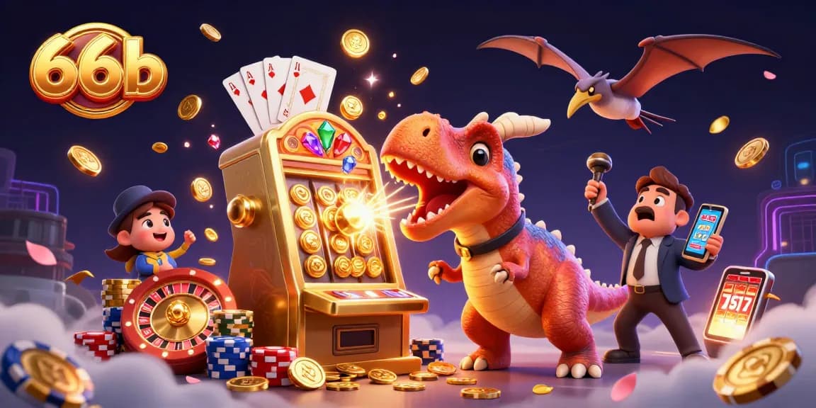 66b casino scene depicting a pachycephalosaurus hitting a jackpot on a golden slot machine.