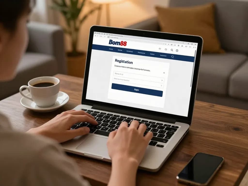 Đăng ký Bom88 seamlessly at home on laptop, engaging with online casino promotions in a cozy setting