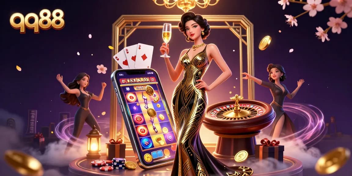 Experience qq88's glamorous casino ambiance with a stunning digital illustration of an elegant woman at a roulette table.