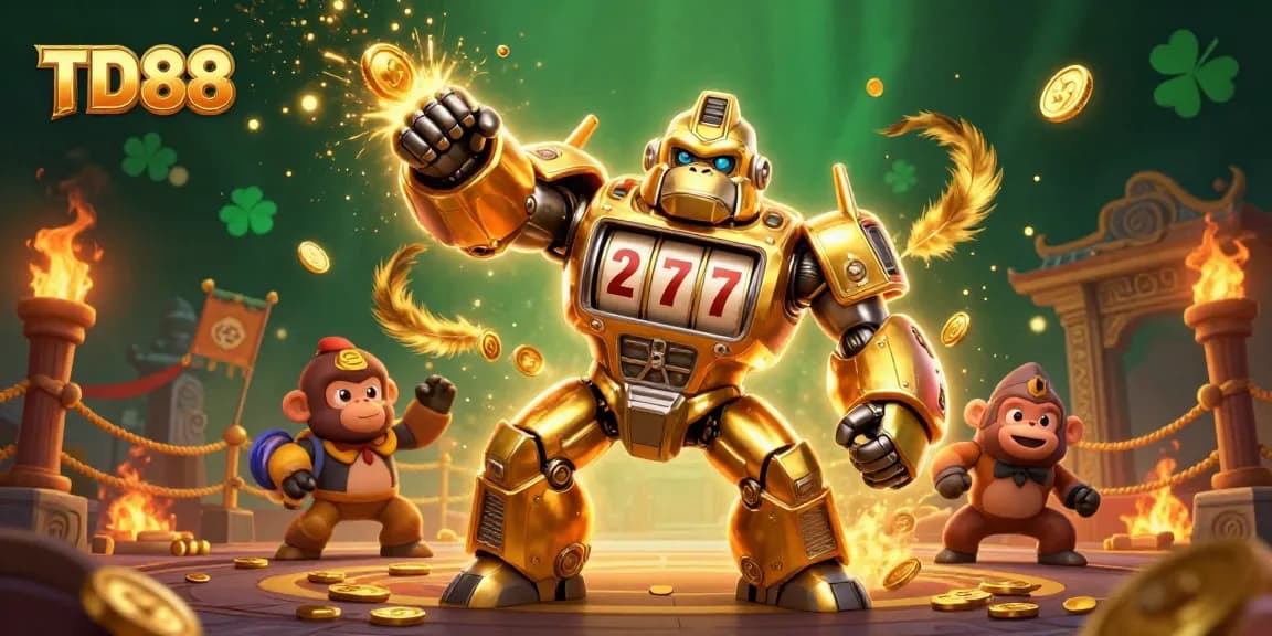 Join TD88's exciting adventures with a golden mech amidst a vibrant casino scene