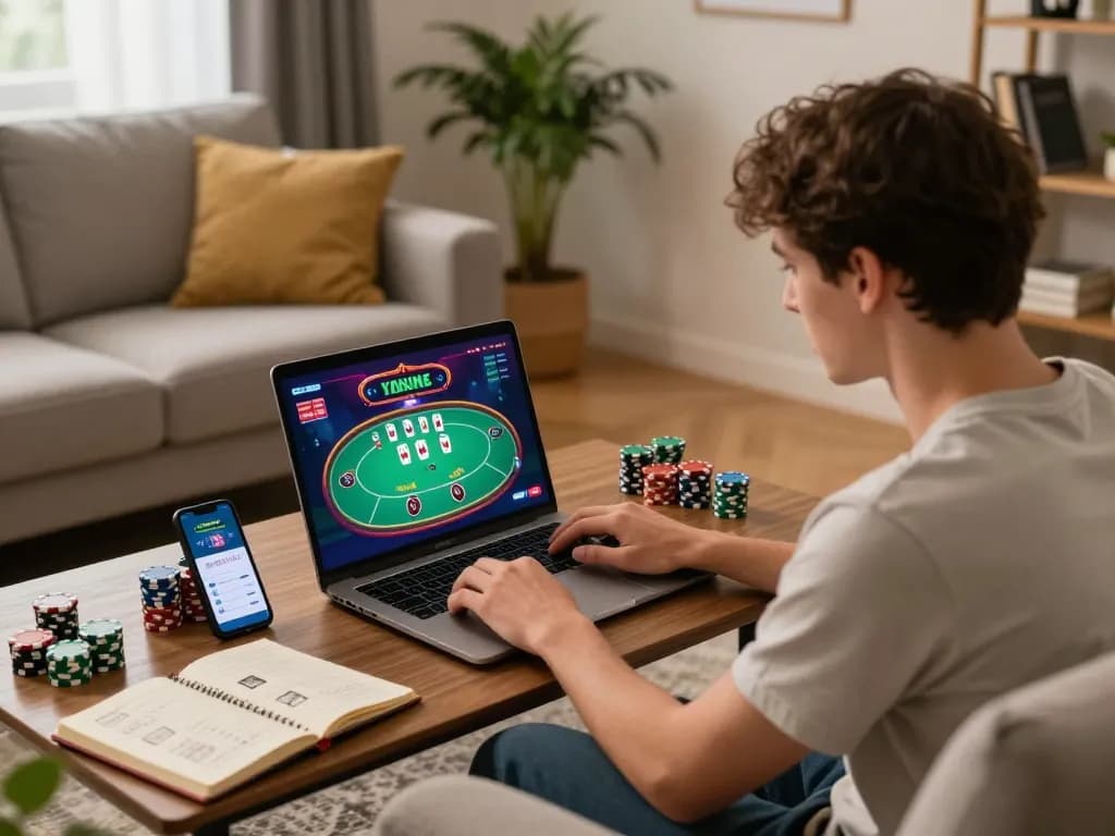 Engaging online gaming action at home with sc88 poker setup, showcasing strategy and focus.
