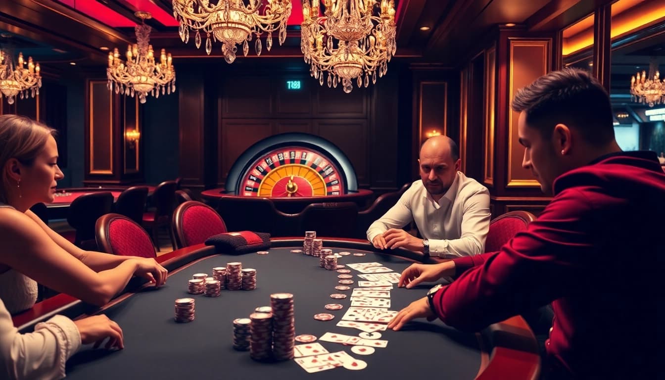 Experience thrilling poker gameplay at TR88's luxurious casino setting with vibrant colors and rich ambiance.